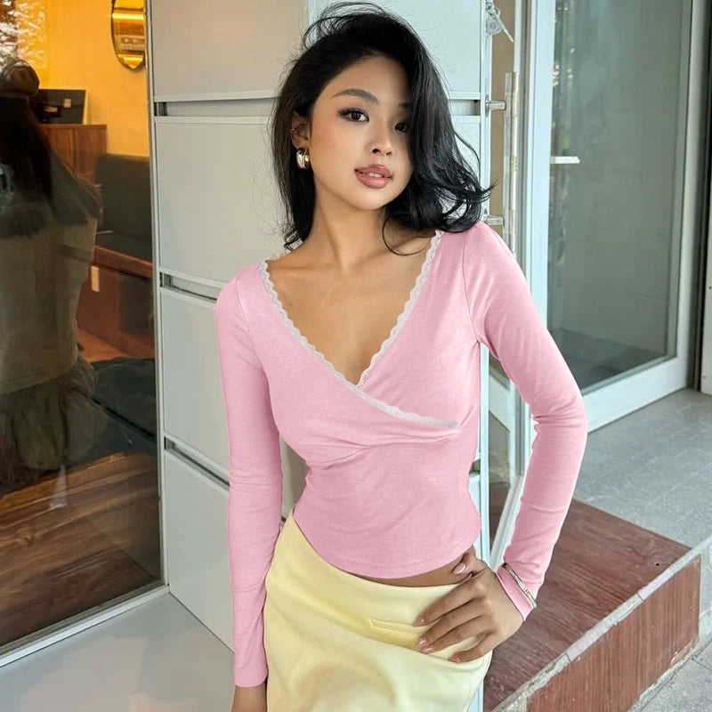 Lace Trim V-Neck Long Sleeve Top