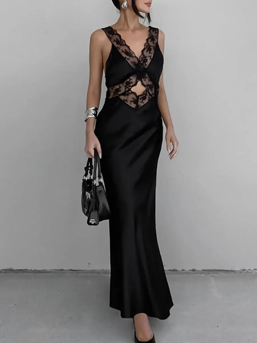 Black Sexy Hollowed-out V-neck Lace Trim Fishtail Long Dress