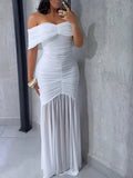 Off Shoulder Fishtail 3D Pleats Mesh Splicing Formal Dress Maxi Dresses