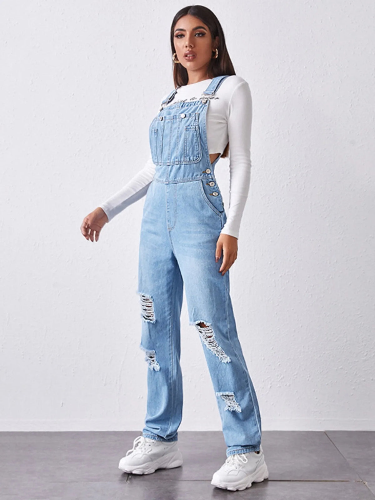 Hole Washed Pocket Denim Overalls