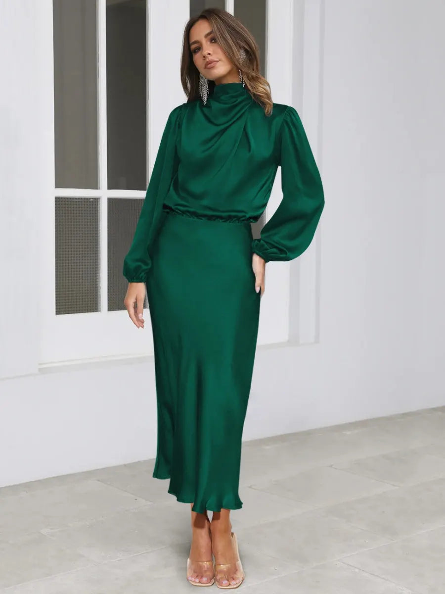 Satin Long Sleeve Zipper Solid Color Maxi Dresses