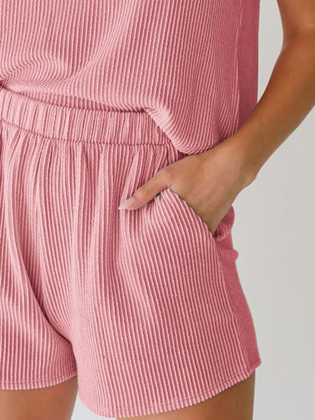 Two-Piece Outfit Set Ribbed Knit Top & Short Casual