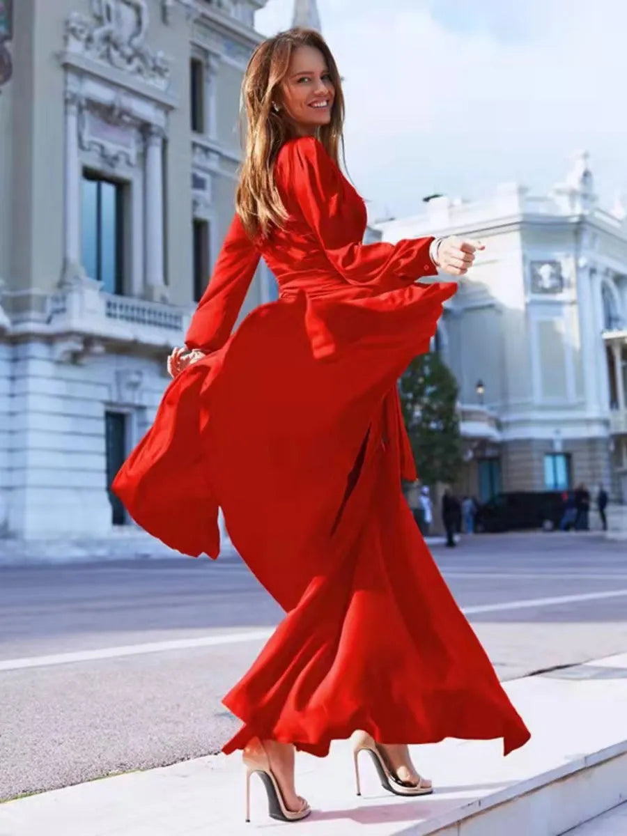 Bohemian Deep V Long Sleeve Slit Maxi Dress