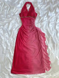 Vintage Rose Red Halter Neck Mesh Glitter Gown, D Floral Embellished Waist-Cinching Ruffled Evening Dress