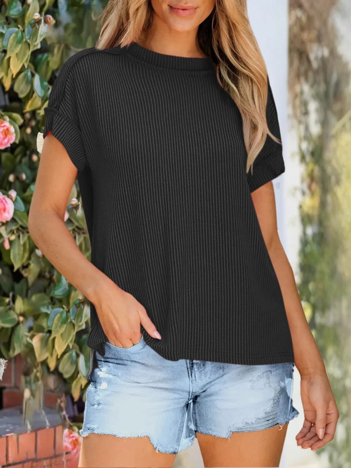 T-Shirt Casual Ribbed Knit Loose Fit Everyday Athleisure