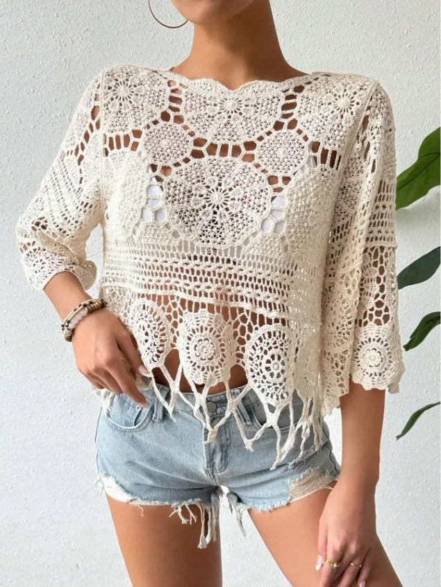 Crocheted Openwork Knit See-through Top, Solid Color Beach Bikini Cover-up