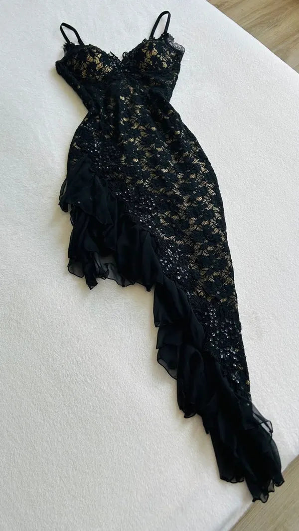 Black Fashion Exquisite Lace Long Ruffled Ball Gown Evening Dress Party Dress