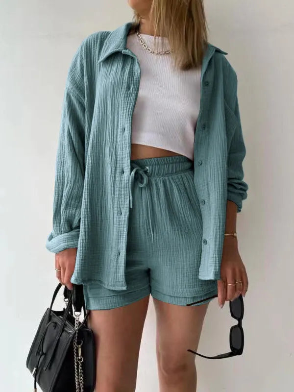 Long-sleeved Shirt And High-waisted Drawstring Shorts Casual Two-piece Set