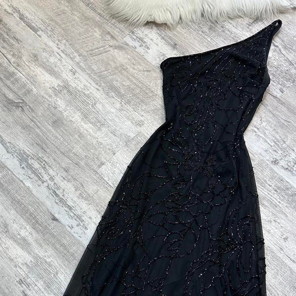 Black shiny fashion one shoulder floral beaded long prom dress evening gown party dress