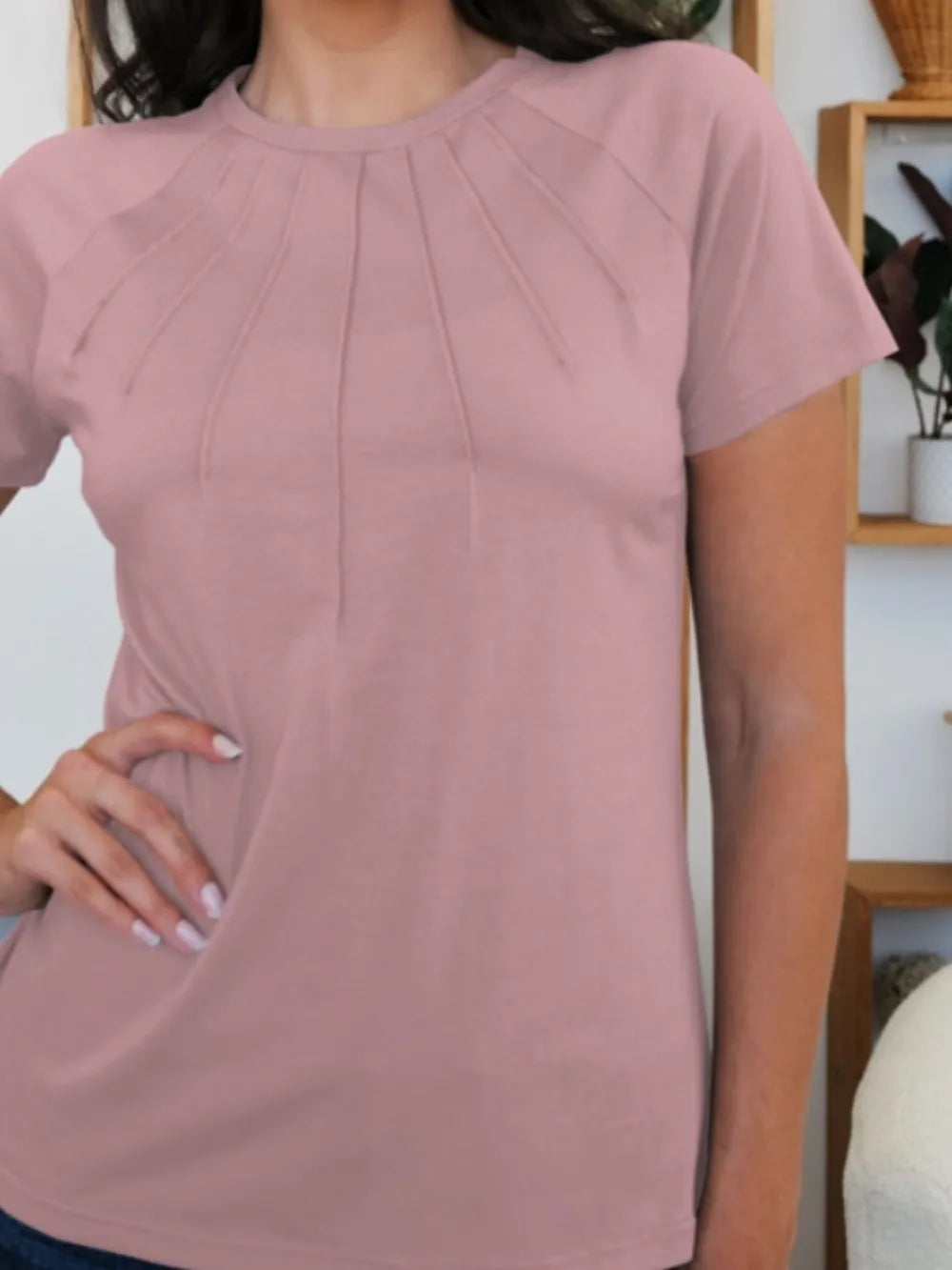 T-Shirt Basic Casual Chic Pleated Slightly Stretchy