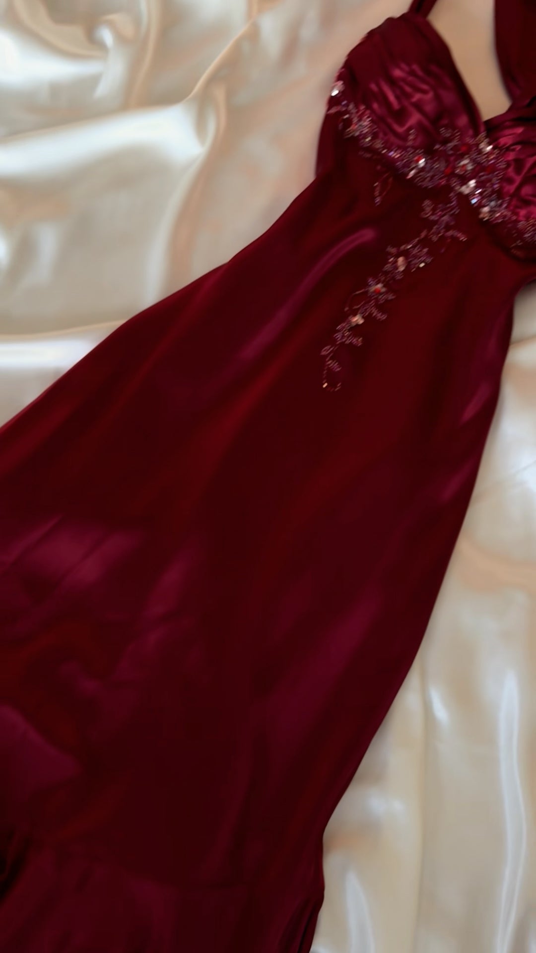 Elegant Women's V-Neck Satin Dress with Beading