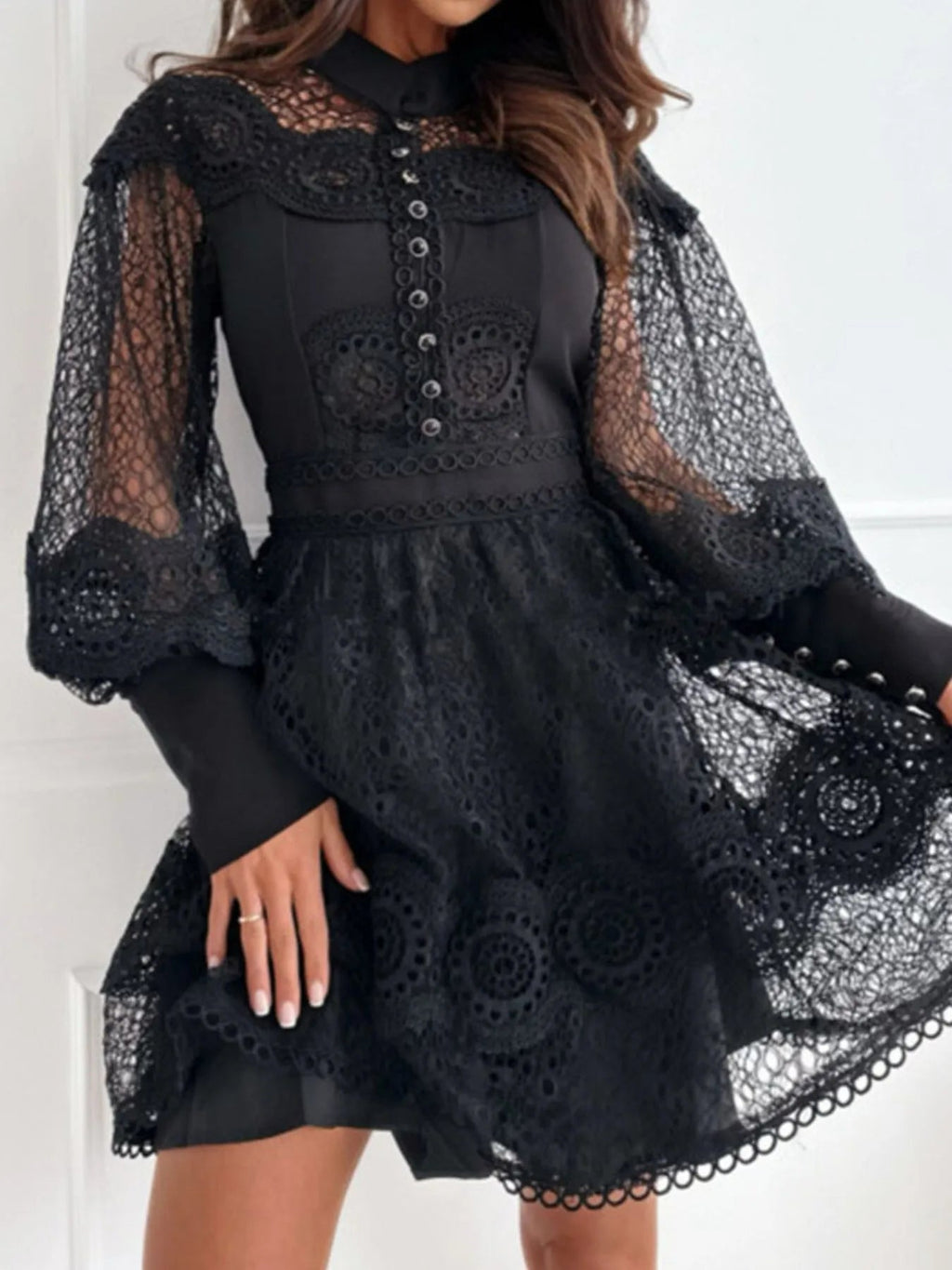 Lace Mini Dress with Lantern Sleeves