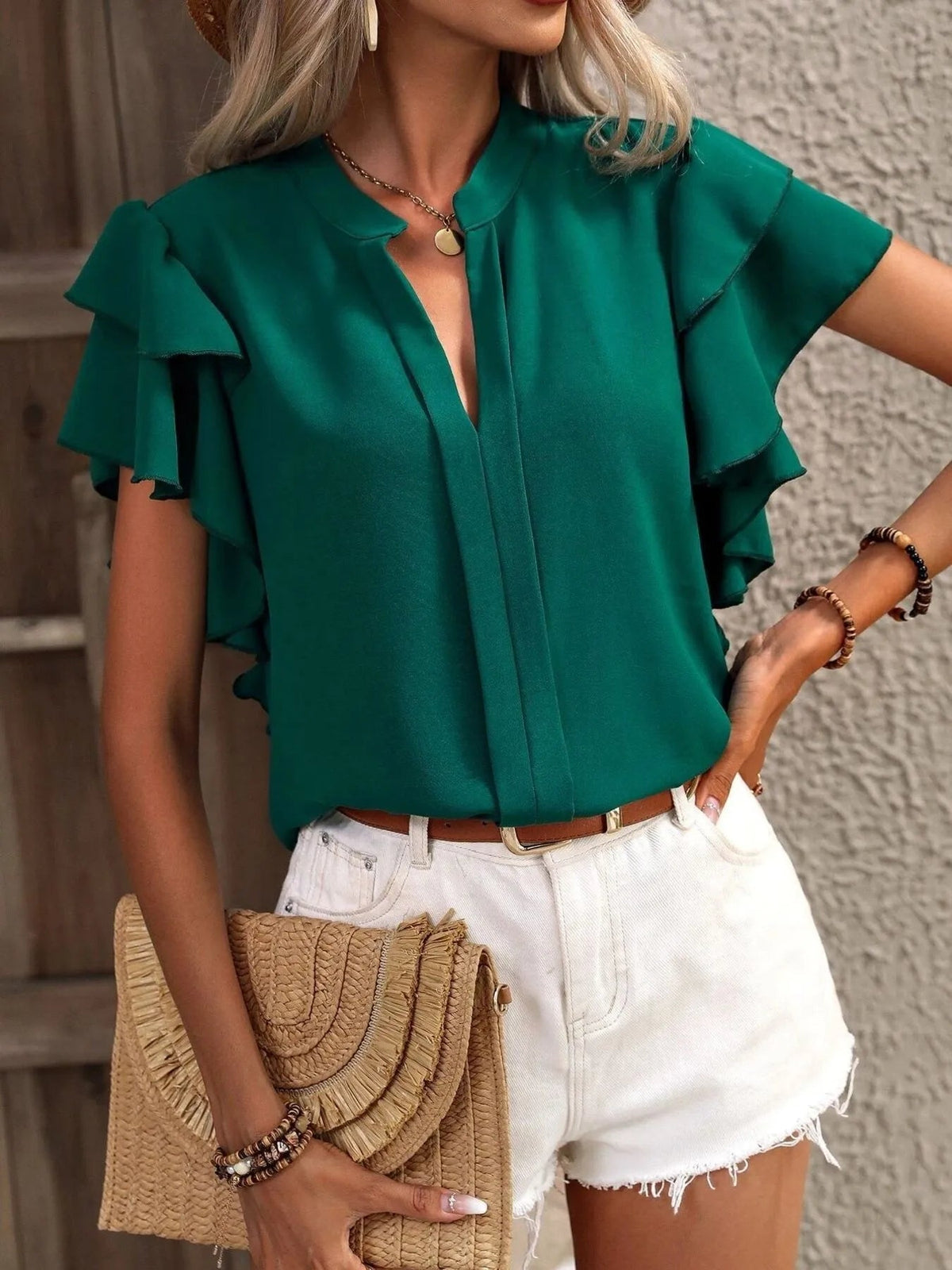 Blouse Top Ruffle Sleeve Notched Casual Elegant Business