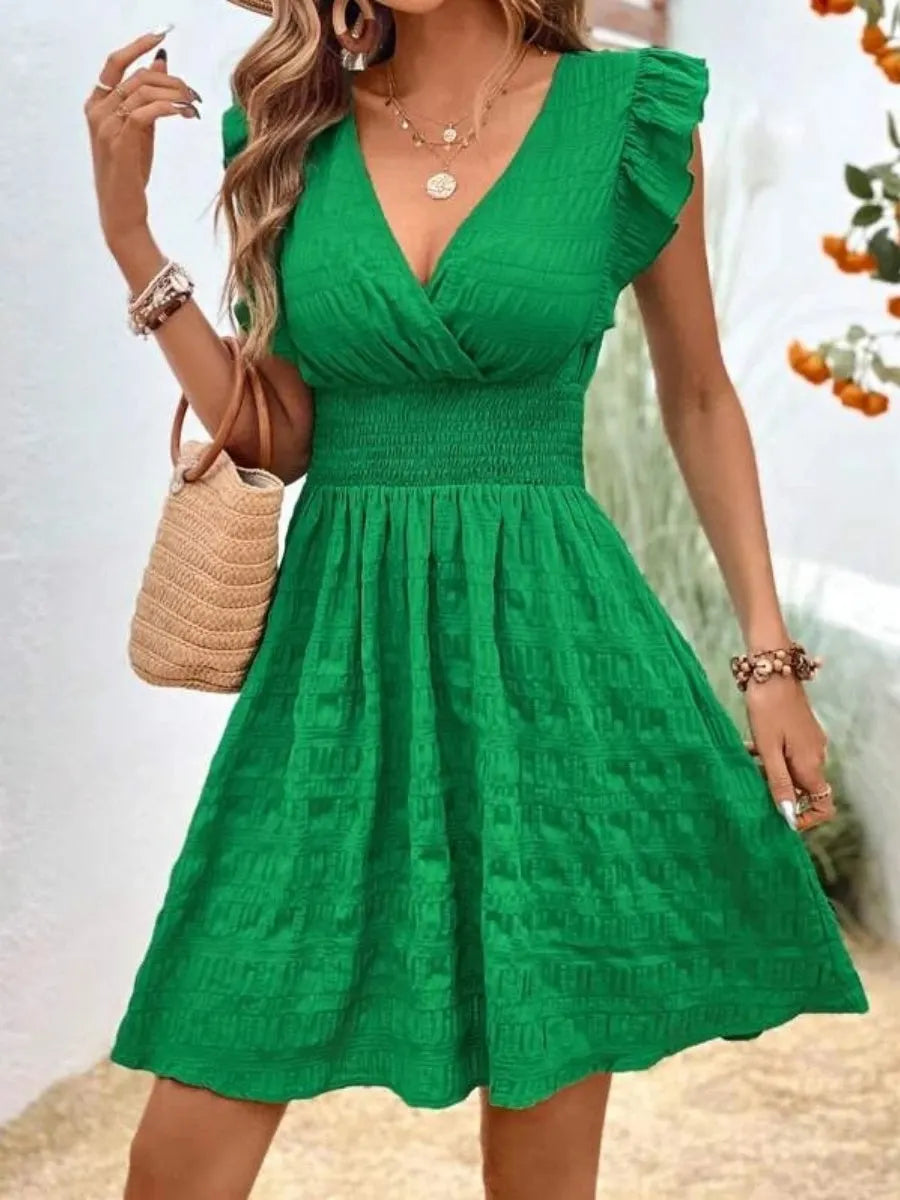 V-neck Pleated Ruffles Solid Color Mini&Short Dresses