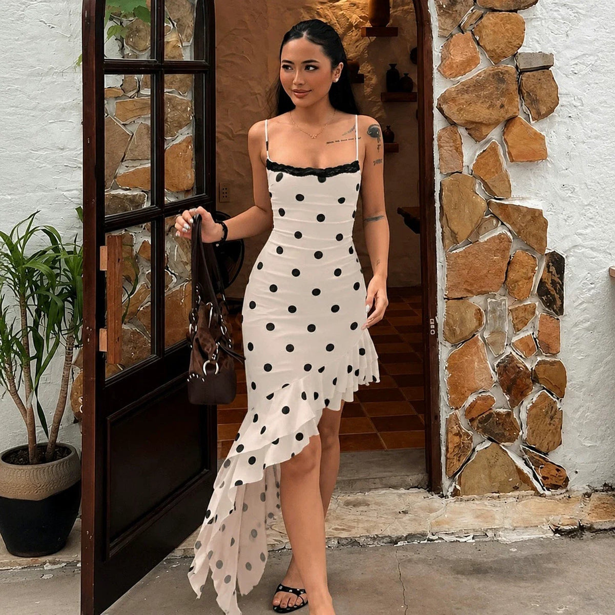 Annemarie Polka Dot Asymmetric Mini Dress