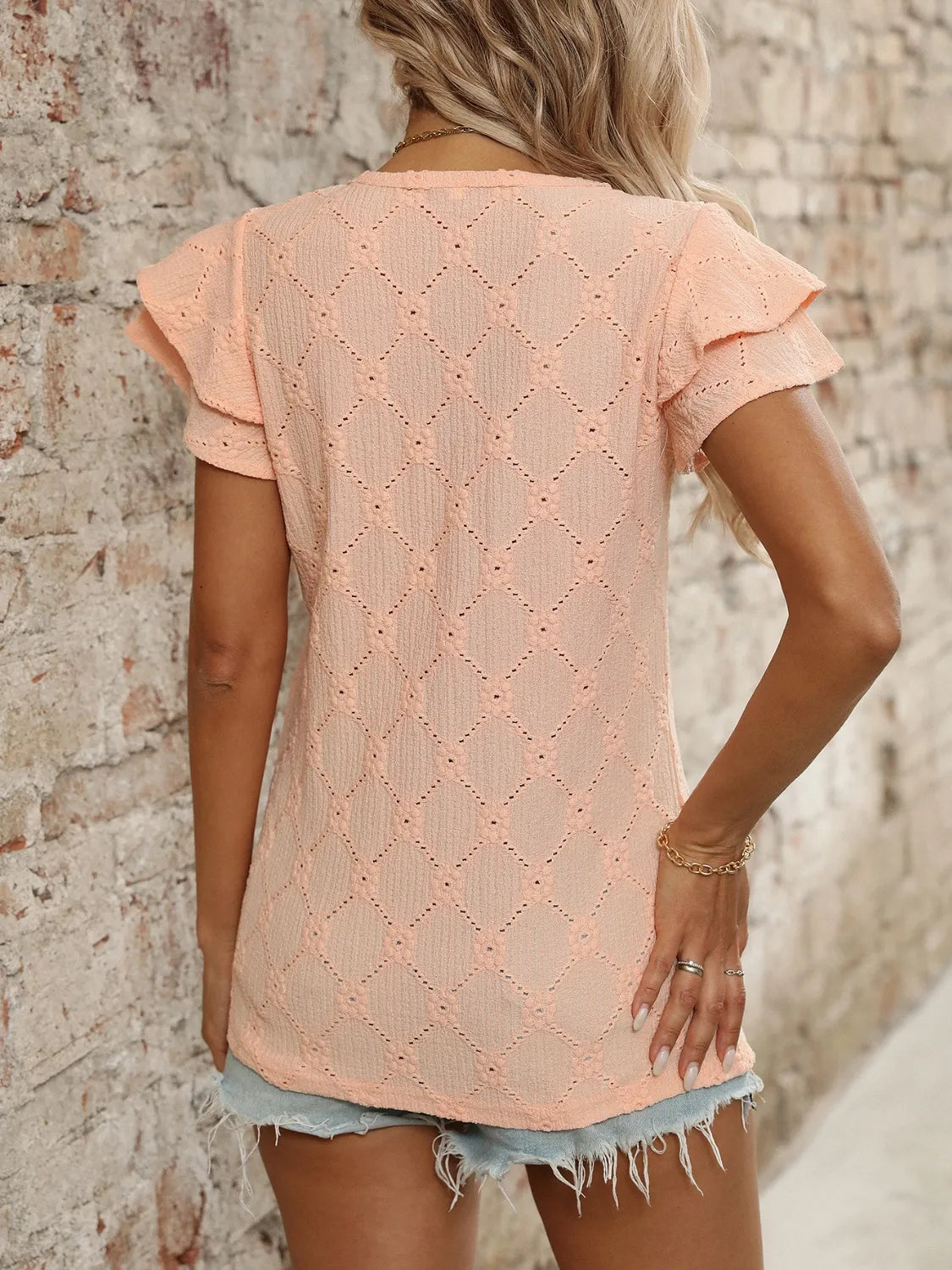 Blouse Top Boho Eyelet Ruffled Cap Sleeve Soft Knitwear