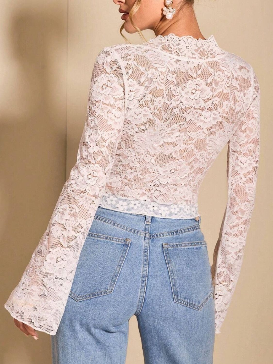 Sheer Lace Blouse Flare Sleeves Slightly Stretchy