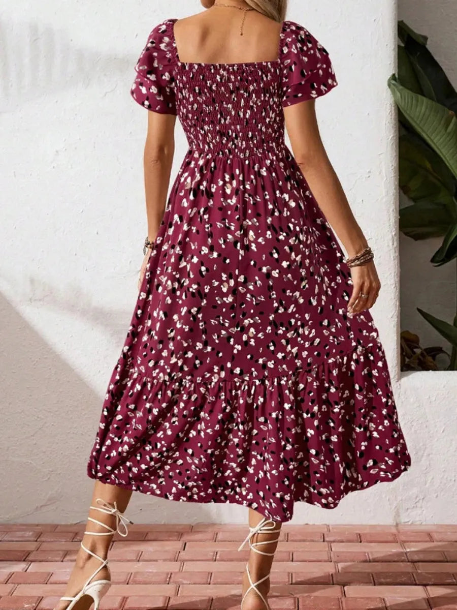 Floral Short Sleeve Square Collar Ruffle Vacation And Leisure Maxi Dresses