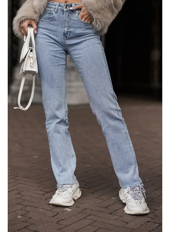 Women's High Waist Straight Leg Jeans with Rhinestone Plaid Pattern