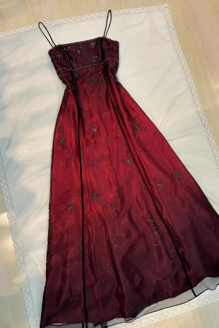 Burgundy Spaetti Straps Exquisite Beaded Long Tulle Ball Gown Evening Dress prom dress