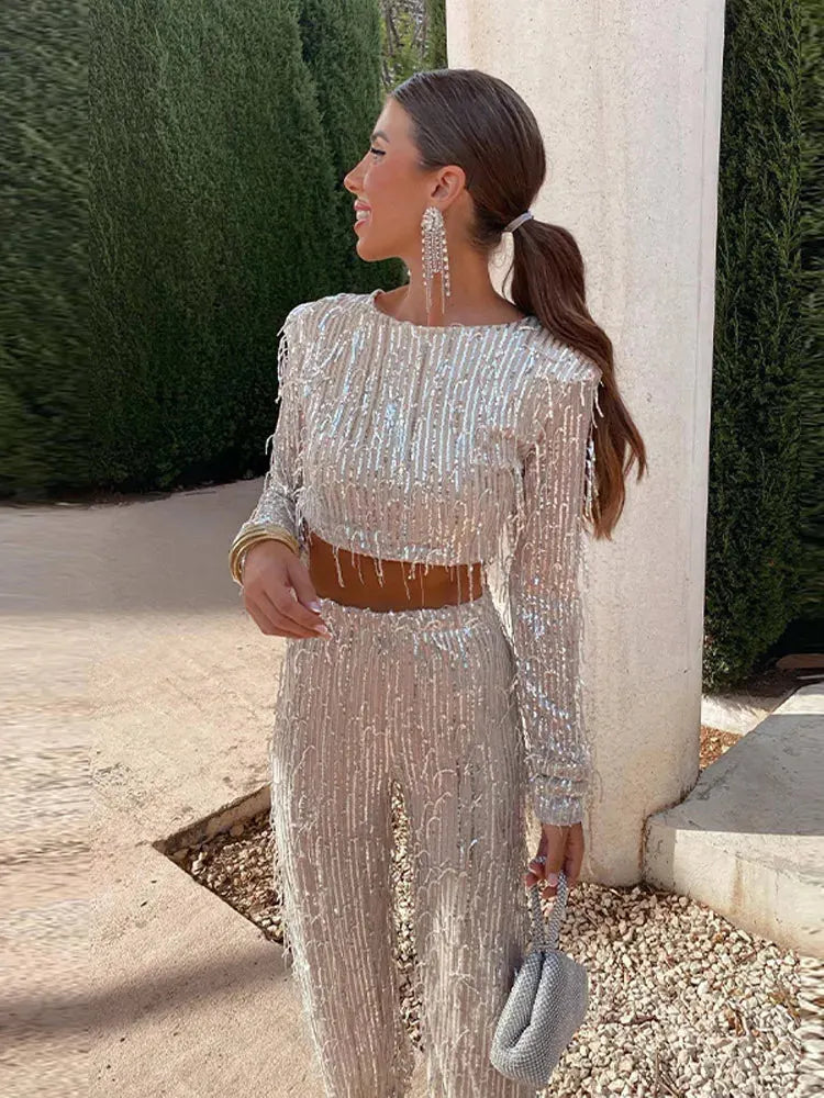 Glitter Sequin Women's Two-Piece Set with High Waist Pants