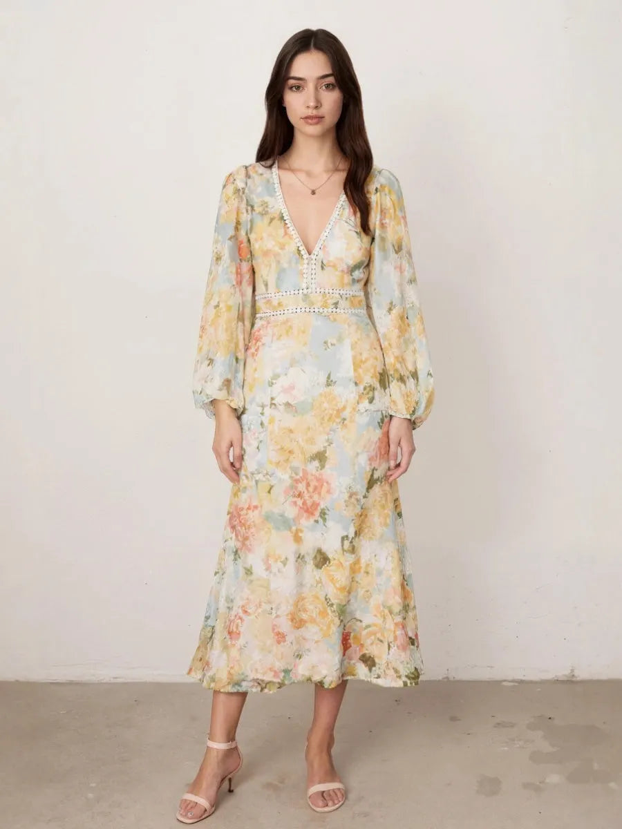 Floral Print Long-Sleeved Bodycon Slim Fit Long Dress