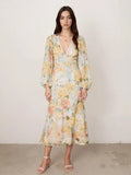 Floral Print Long-Sleeved Bodycon Slim Fit Long Dress