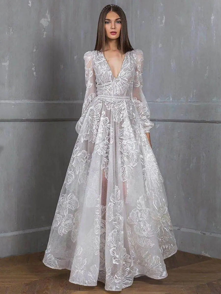 Lace Embroidery V-neck Maxi Dresses
