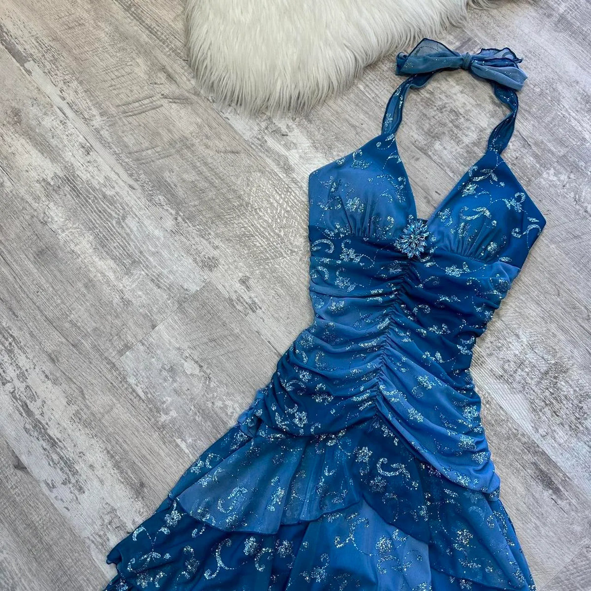 Dark blue homecoming dress Yk mini backless dress with sparkling floral rhinestone ruffles short chiffon ball gown evening gown party dress