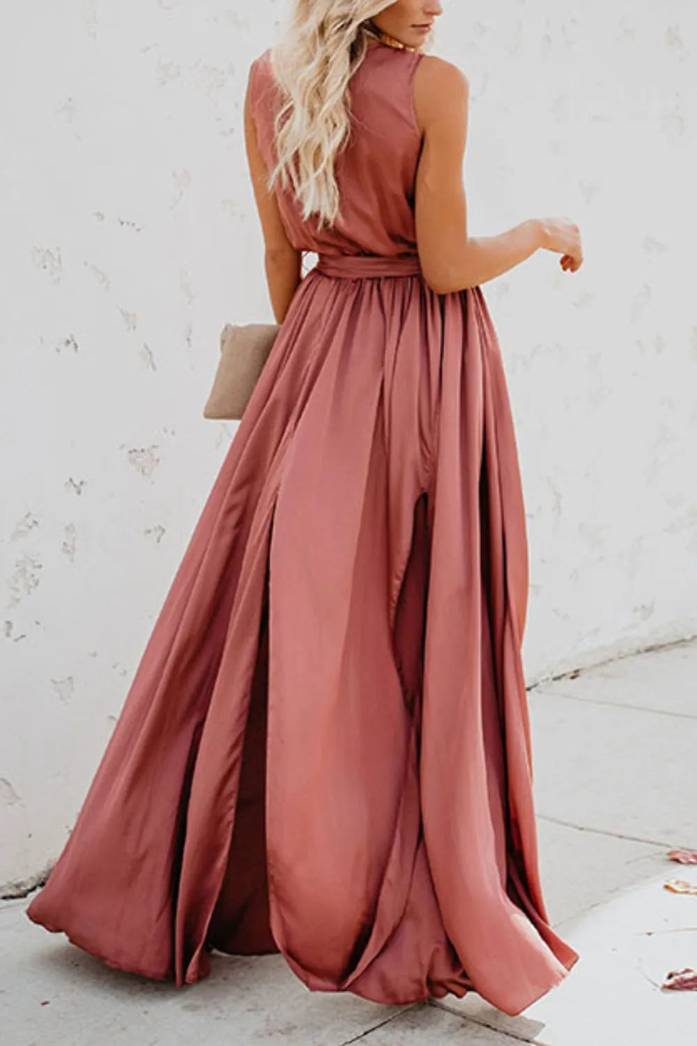 Maxi Dress Surplice Neck Tie Waist Elegant Side Slit Summer