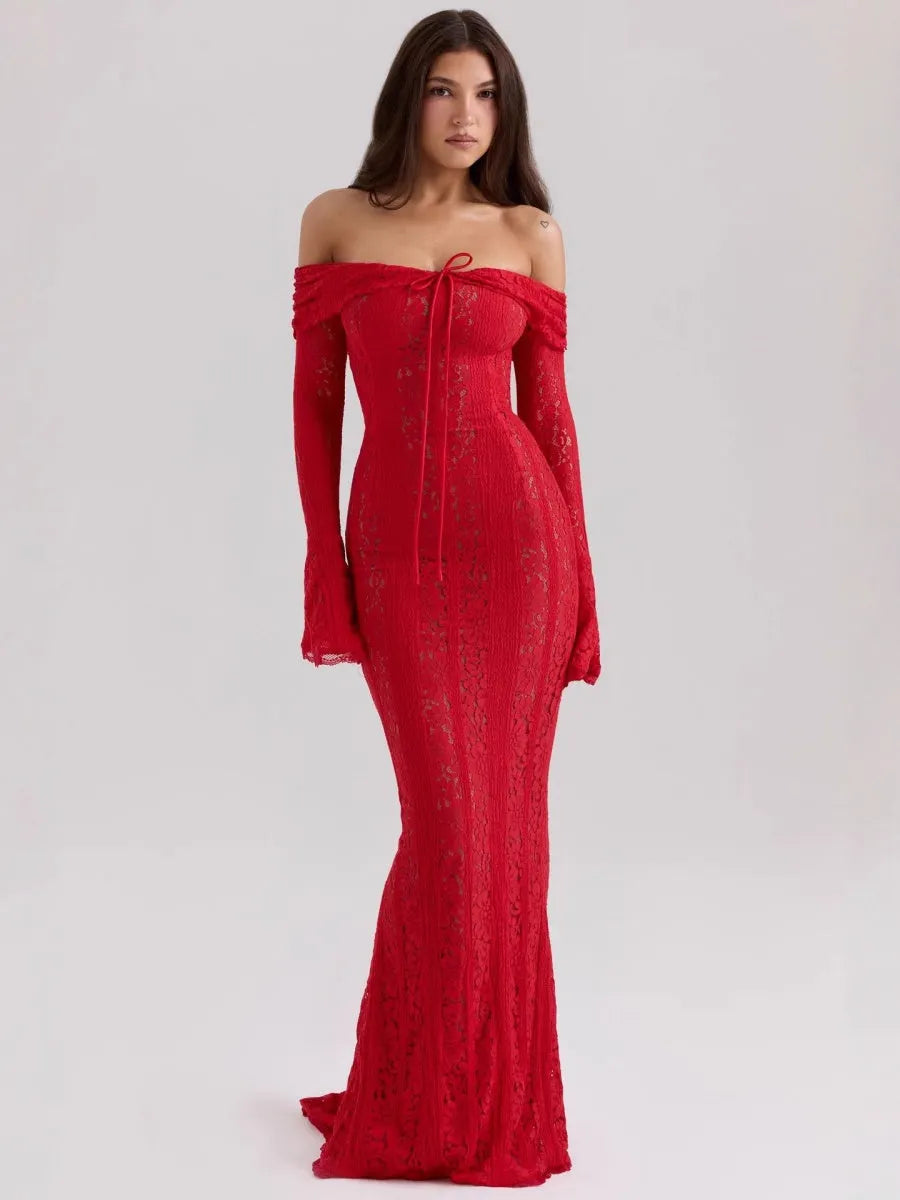 Lace Hollow Off Shoulder Flared Sleeves Hip-hugging Maxi Dresses
