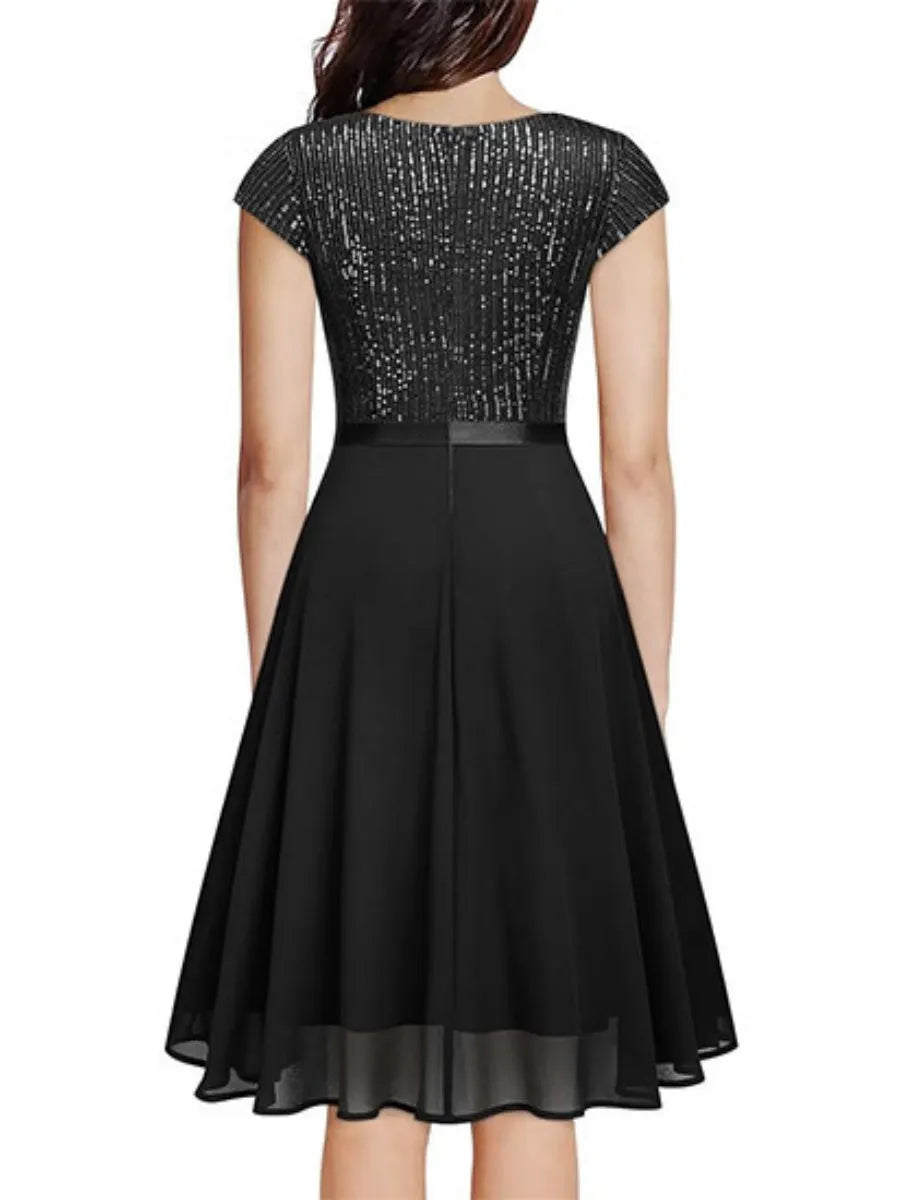 Crew Neck Sequins Chiffon Splicing Evening Dress Mini&Short Dresses