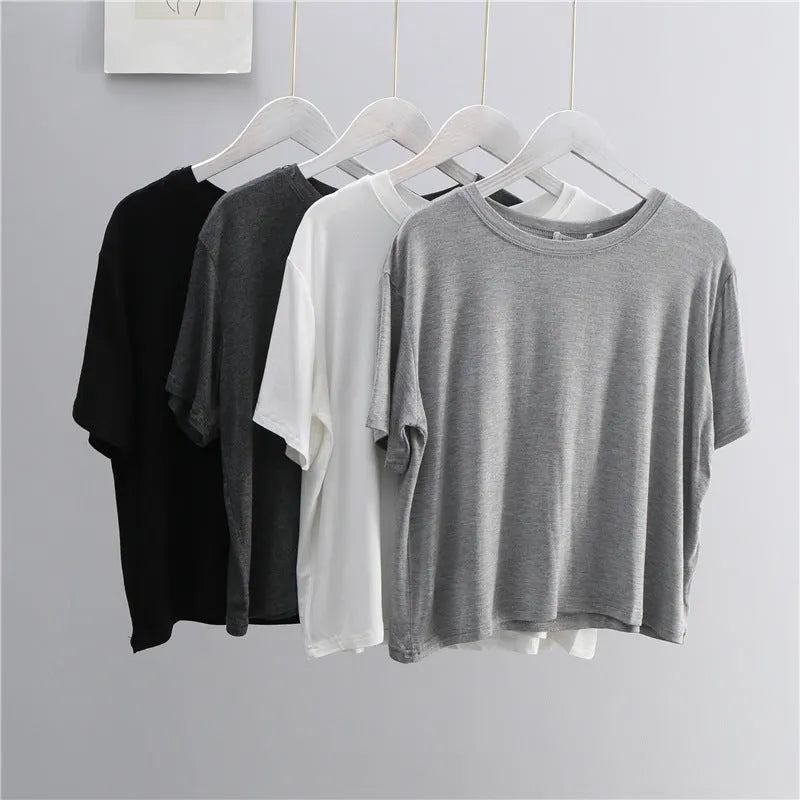 Summer Women Casual Solid Color Loose Round Neck Short Sleeve Blank T-Shirt