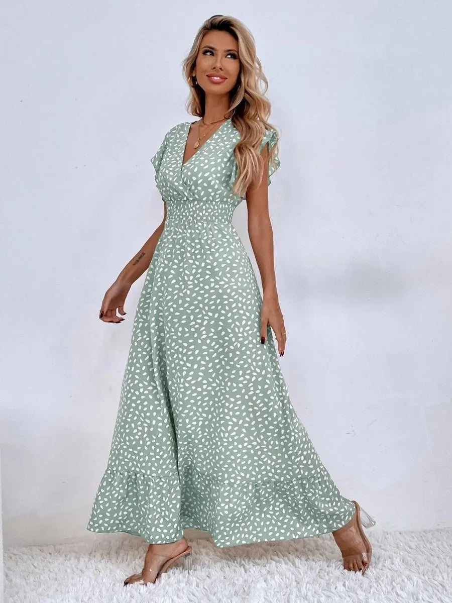 Floral Lotus Leaf Sleeves V-neck Vacation And Leisure Maxi Dresses
