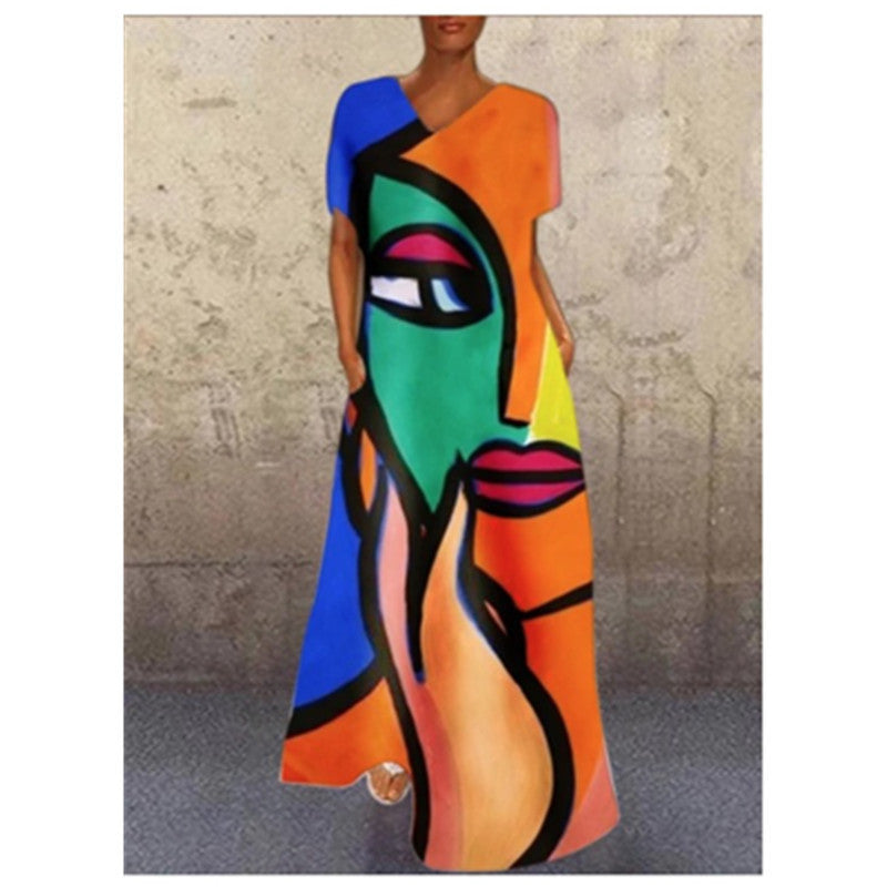 Women Casual Summer Vintage Short Sleeve Loose Character Print V Neck Dress
