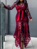 Lace Cutout Lace Up Stand-up Collar Long Sleeves Maxi Dresses