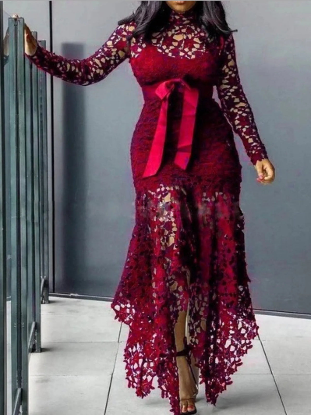 Lace Cutout Lace Up Stand-up Collar Long Sleeves Maxi Dresses
