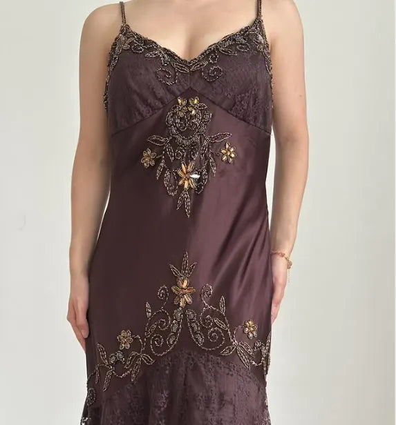 Brown Vintage Elegant Exquisite Floral Beading Spaetti Strap Long Satin Lace Ball Gown Evening Dress Birthday Party Dress Prom Dress