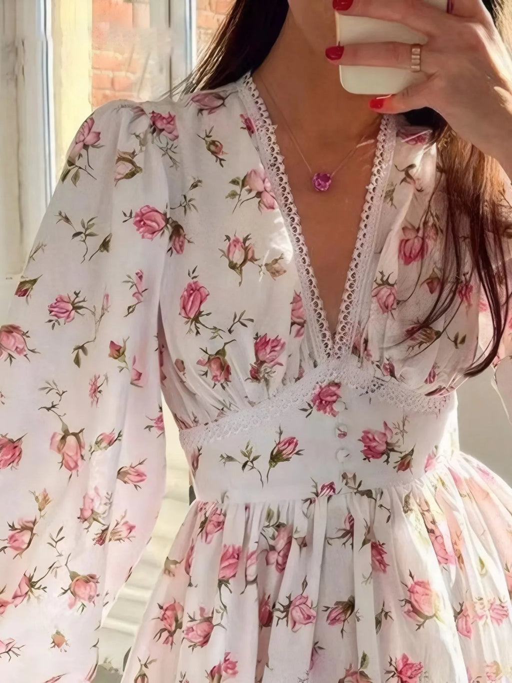 Mini Dress Floral Print Lace Detail Balloon Sleeve Chic