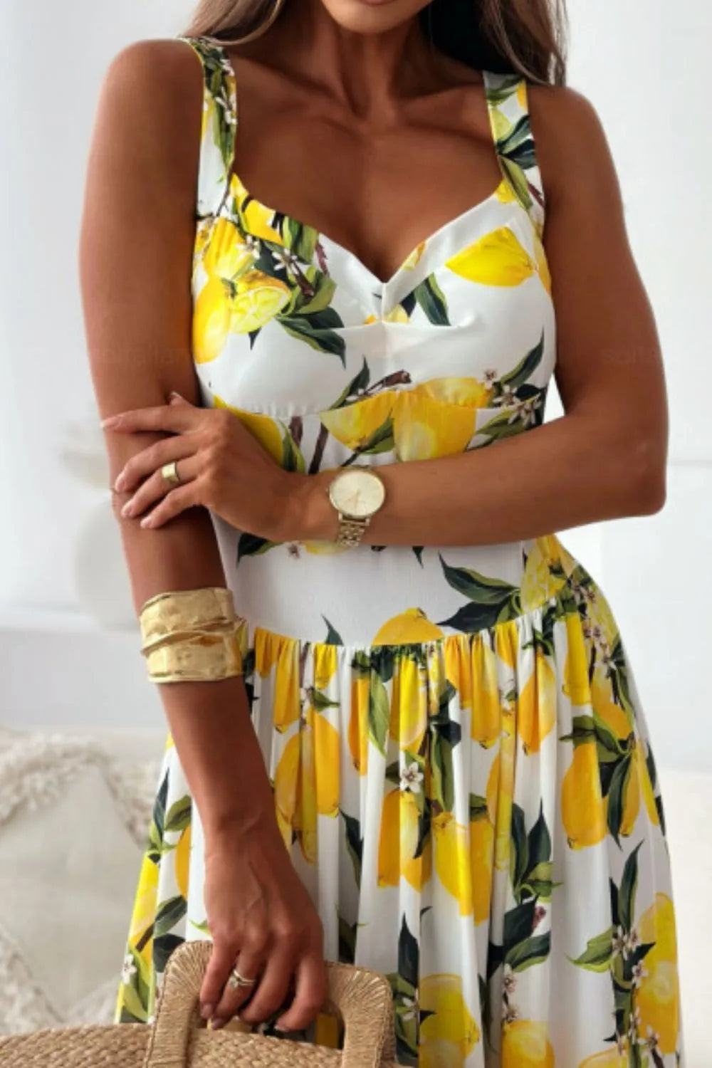 Maxi Dress Sweetheart Neck Casual Lemon Print Beach Resort