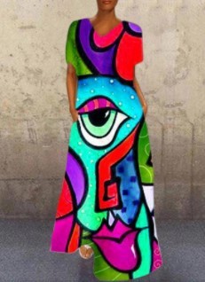 Women Casual Summer Vintage Short Sleeve Loose Character Print V Neck Dress
