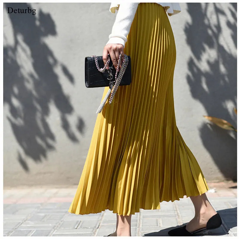 Womens Vintage Pleated Long Skirt Casual High Waist Bottom