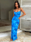 Flowers Printed Waist-cinching And Hip-hugging Swing Collar Camisoles Maxi Dresses