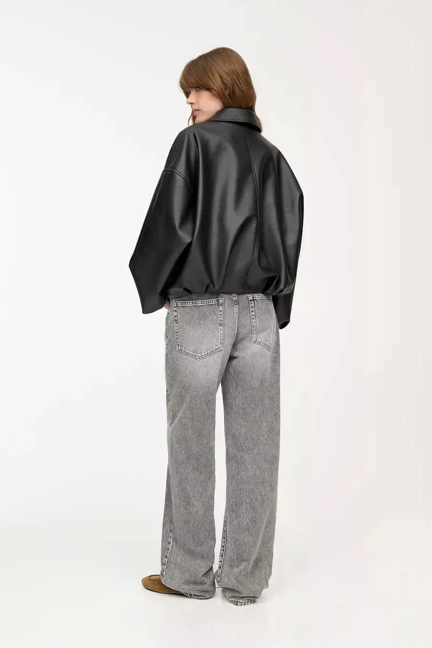 Indigo Leather Bomber Jacket