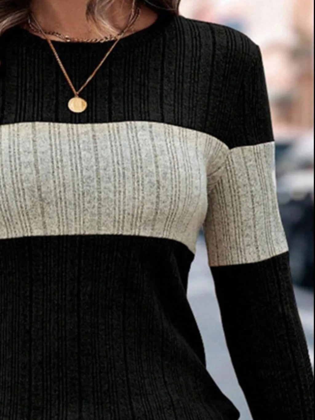 Color Block Round Neck Sweater for Women