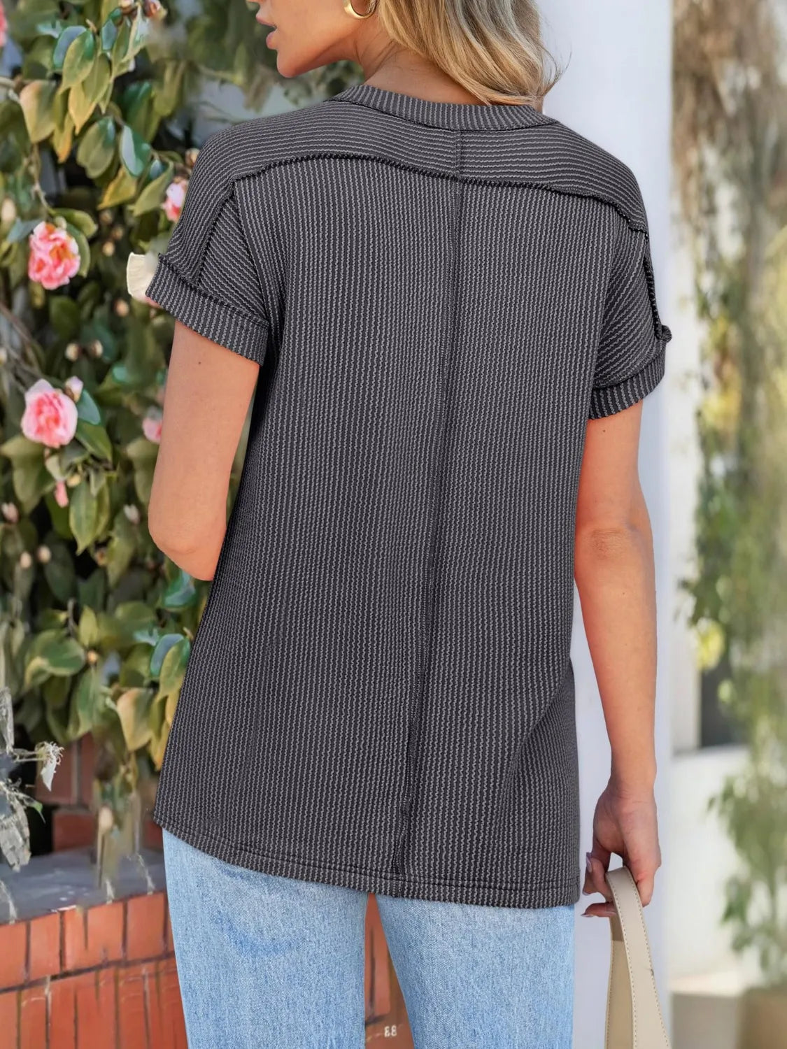 T-Shirt Casual Ribbed Knit Loose Fit Everyday Athleisure