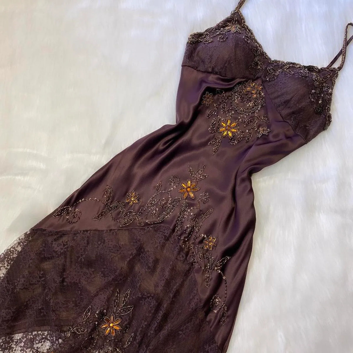 Brown Vintage Elegant Exquisite Floral Beading Spaetti Strap Long Satin Lace Ball Gown Evening Dress Birthday Party Dress Prom Dress