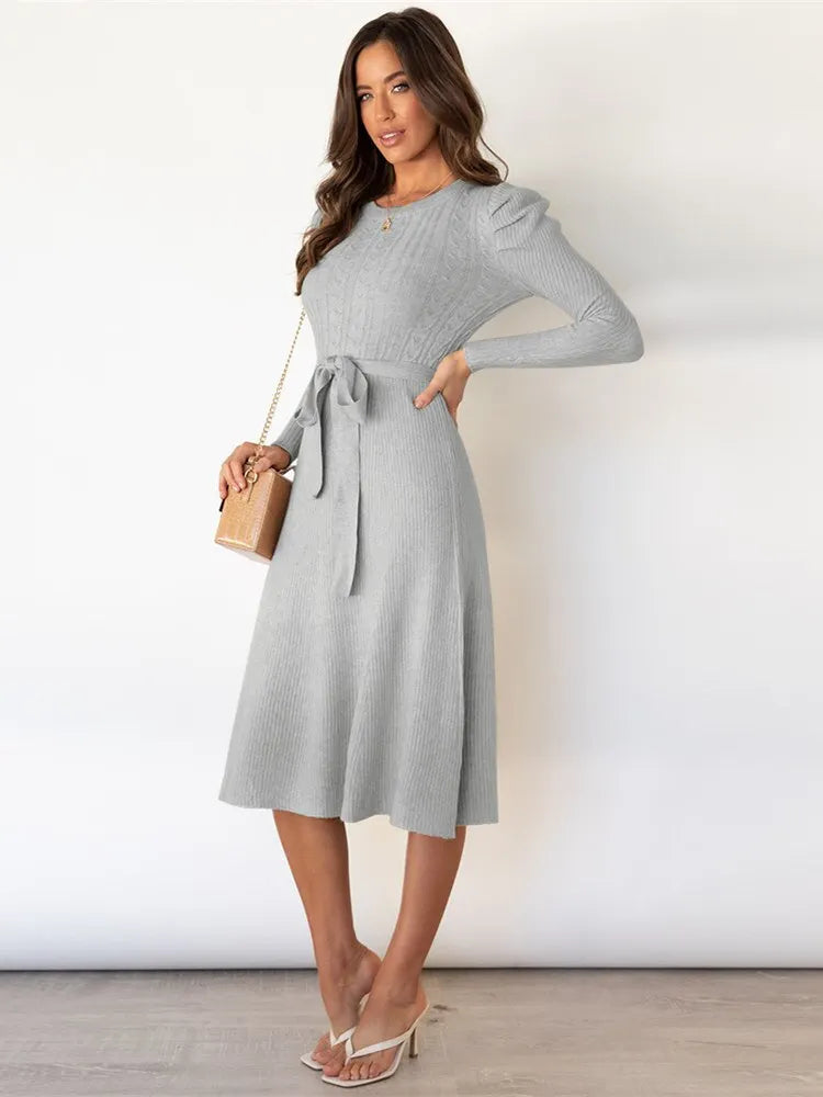Stylish Knitted Midi Dress For Women With Tie Belt And Cable Pattern