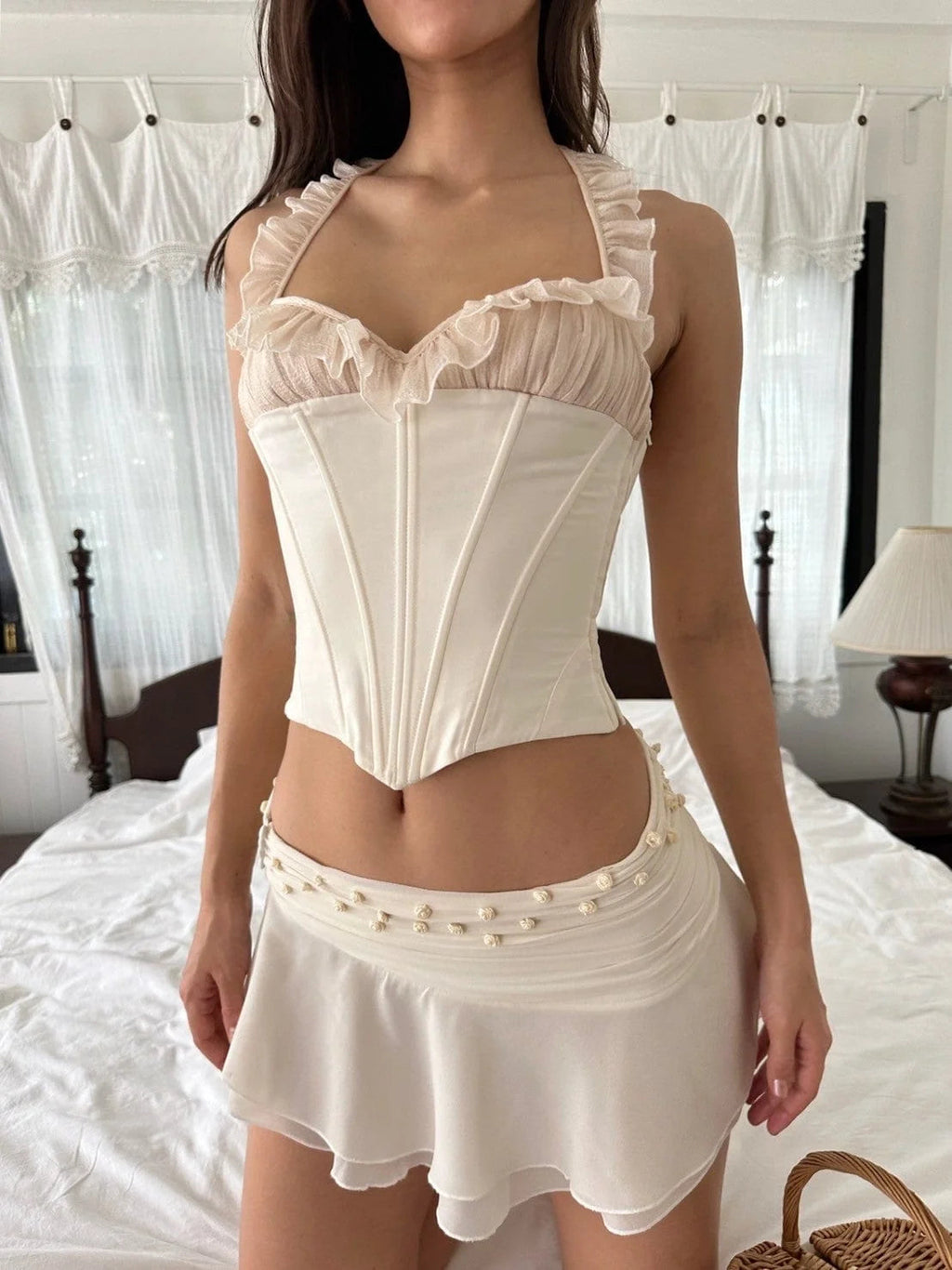 Zaliyah Rose Corset Top & Pleated Mini Skirt Set - Ivory