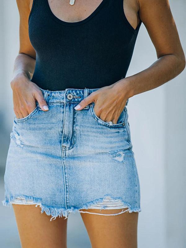 Women's Edgy Denim Mini Skirt with Frayed Hem and Rips
